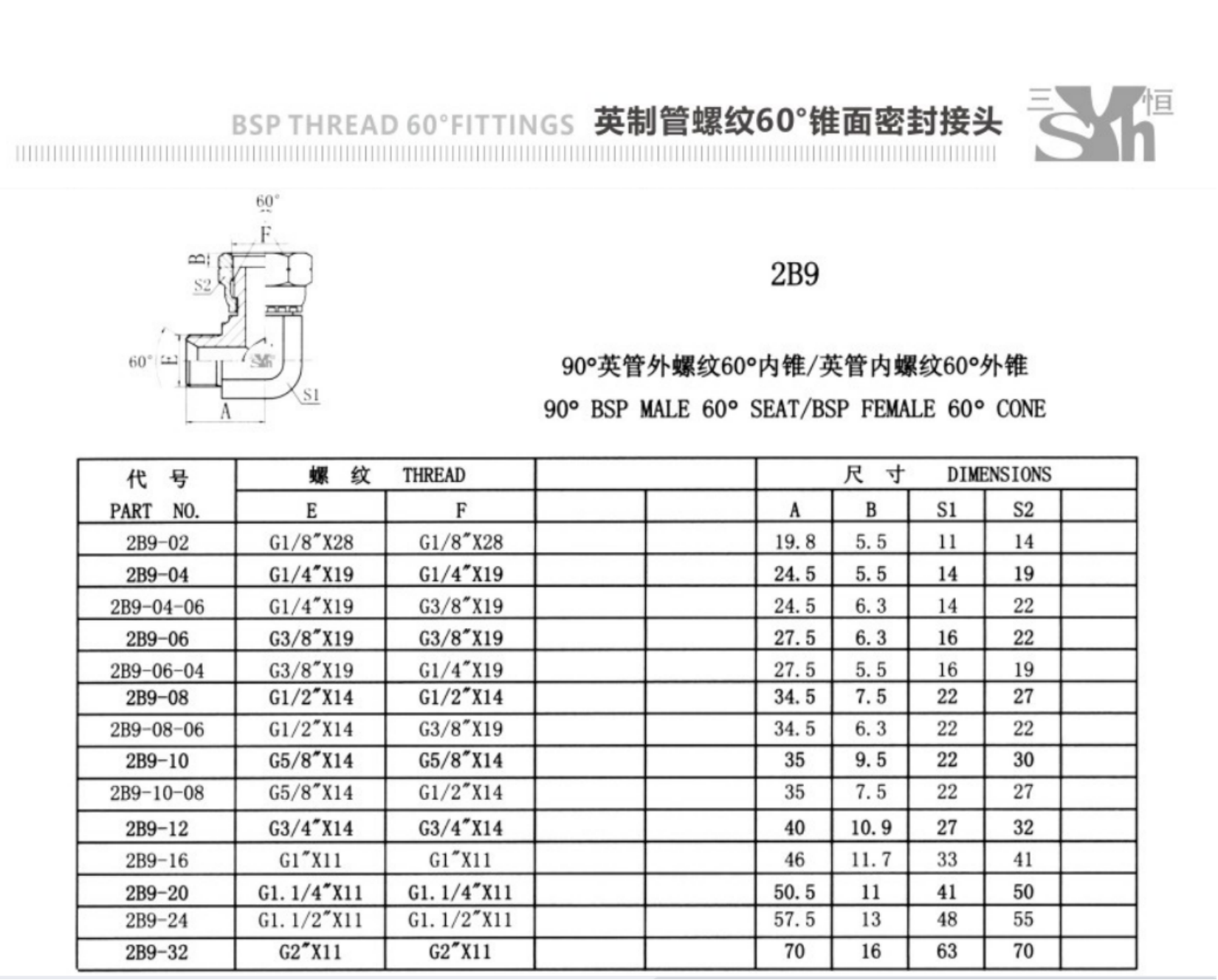 Sanheng 2B9 MBSPP-FBSPPS Male BSP to Female BSP Swivel Elbow Hydraulic Pipe Fitting