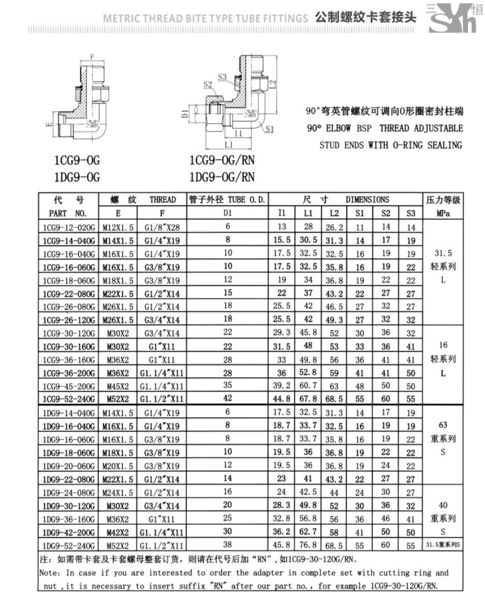 Sanheng MM-MBSP / 1CG9 Hydraulic 90&deg; Elbow Thread Adjustable O-ring Sealing Adapter